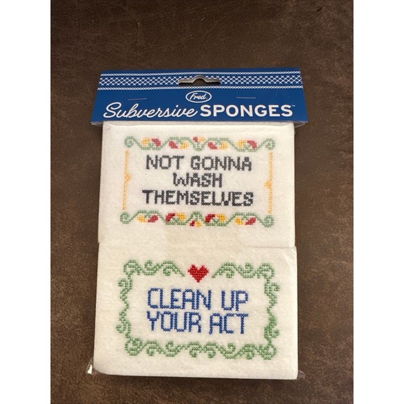 Set of 2 Novelty Fun Kitchen Subversive Cross Stitch Scubbing Sponges - Picture 1 of 2